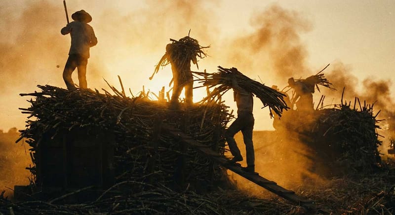 Early plantation workers harvesting sugarcane by hand.