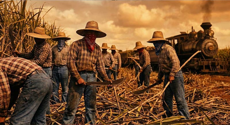 Early plantation workers harvesting sugarcane.
