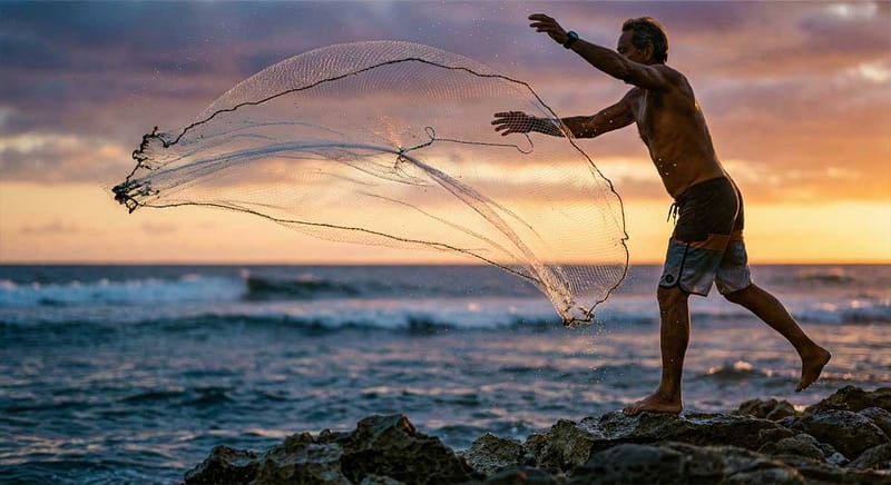 Throwing net is still a common fishing practice today.