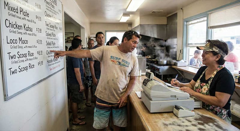 The typical plate lunch counter service.
